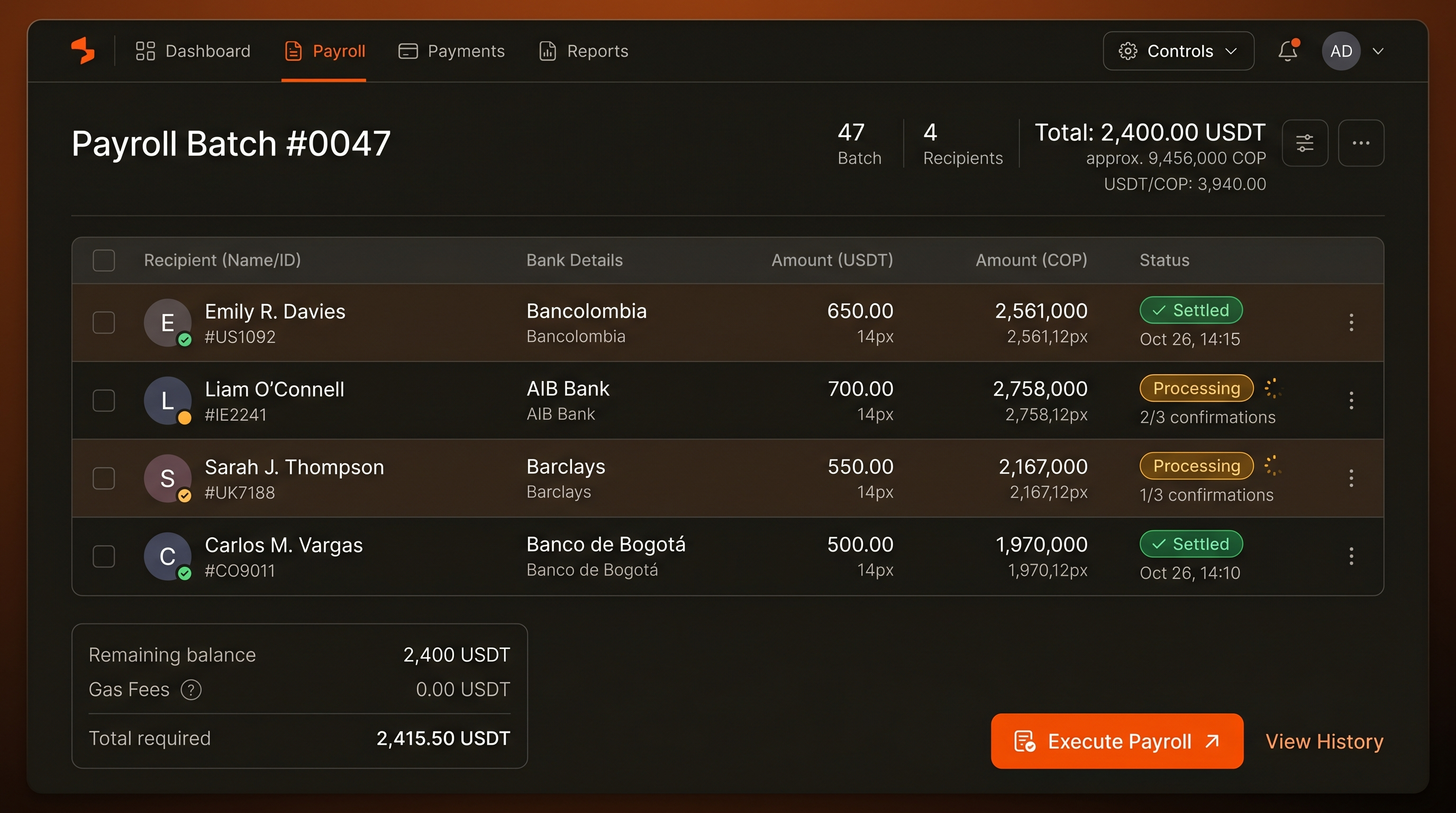 Payroll batch screen showing team payments with USDT to COP conversion and settlement status